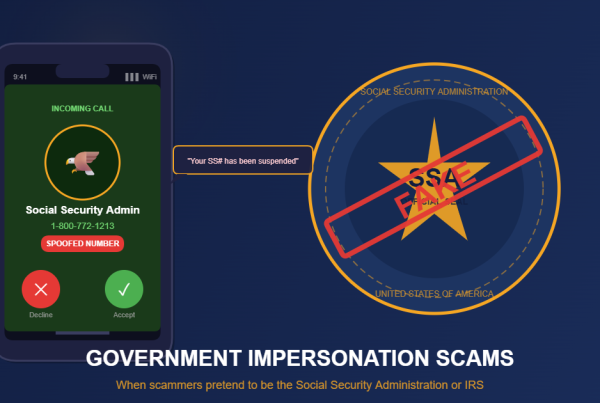 Illustration of a scammer posing as a Social Security Administration agent calling a senior on the phone