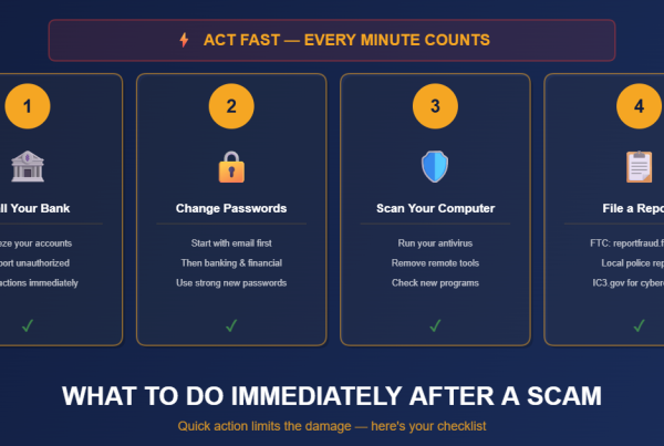 Illustration of steps to take immediately after falling victim to a tech support scam