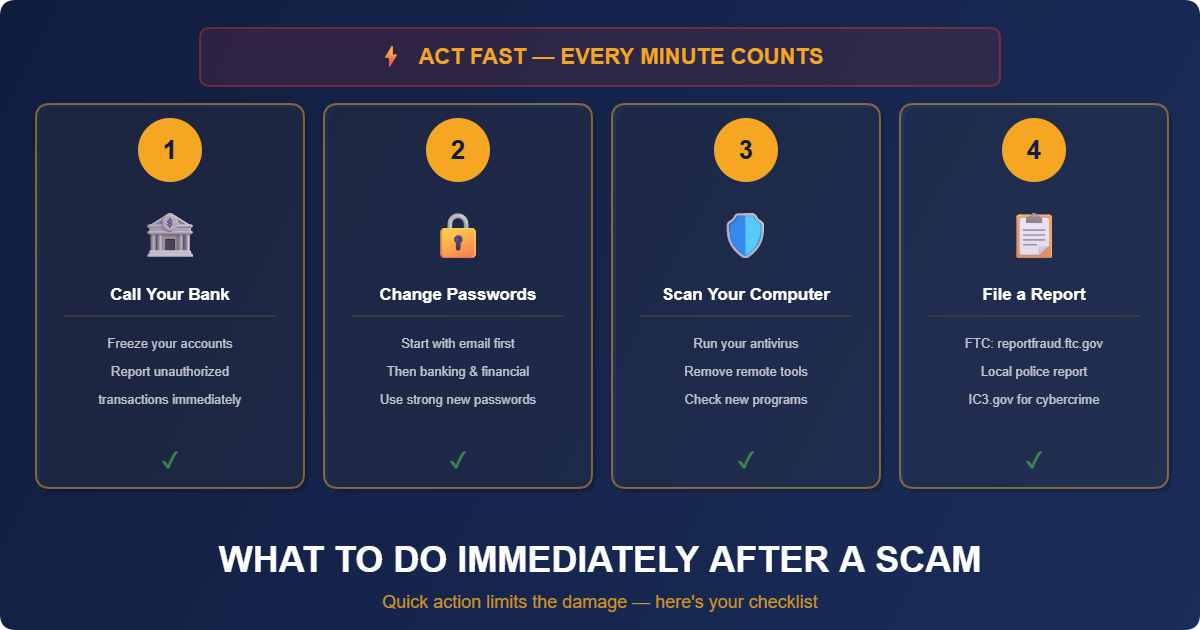Illustration of steps to take immediately after falling victim to a tech support scam