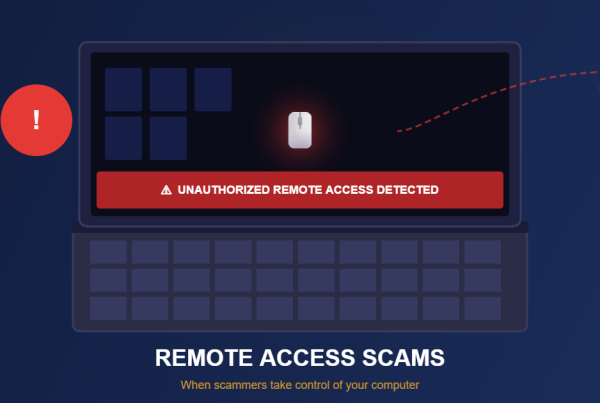 Illustration explaining what a remote access scam is and how scammers gain control of computers