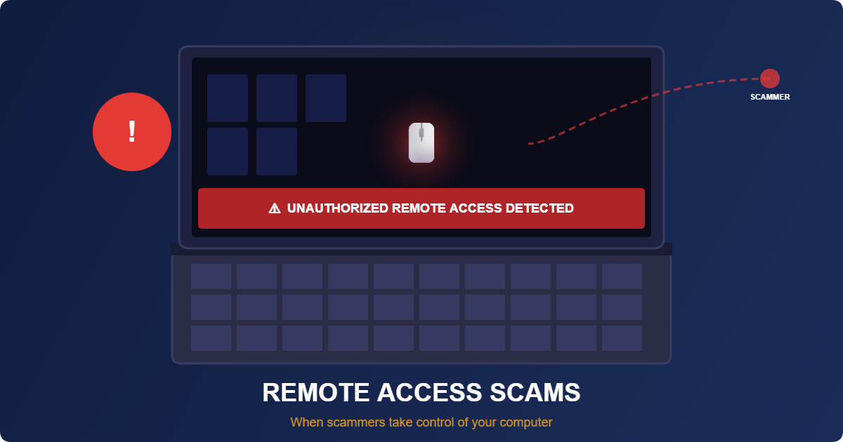 Illustration explaining what a remote access scam is and how scammers gain control of computers