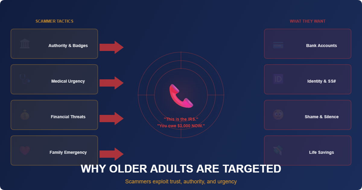 Illustration showing why older adults are frequently targeted by tech support scammers