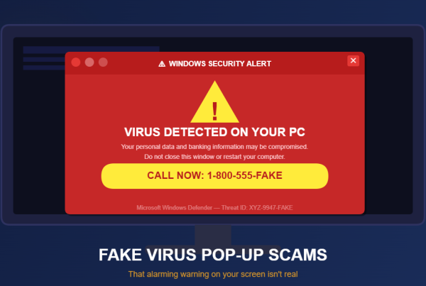 Illustration of a fake virus pop-up alert appearing on a computer screen