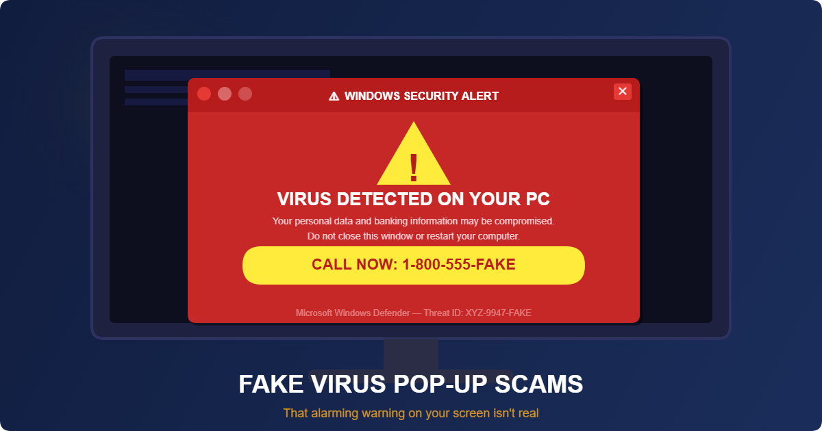 Illustration of a fake virus pop-up alert appearing on a computer screen